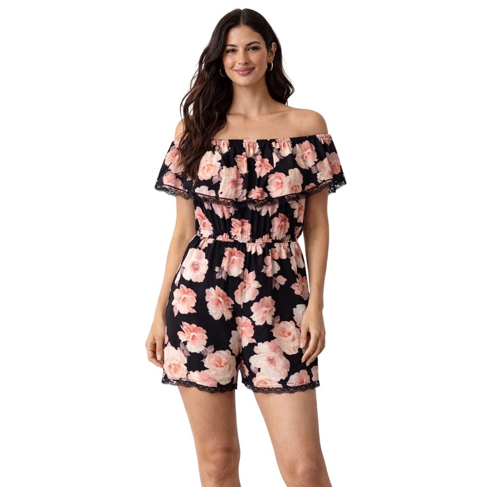 Floral Romper Off Shoulder‎ Ruffle Trim Elastic Waist Summer Black Pink Large
